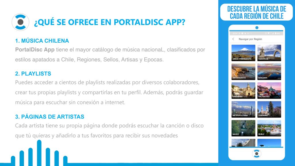Funciones de PortalDisc App. Música chilena, playlists y páginas de artistas.